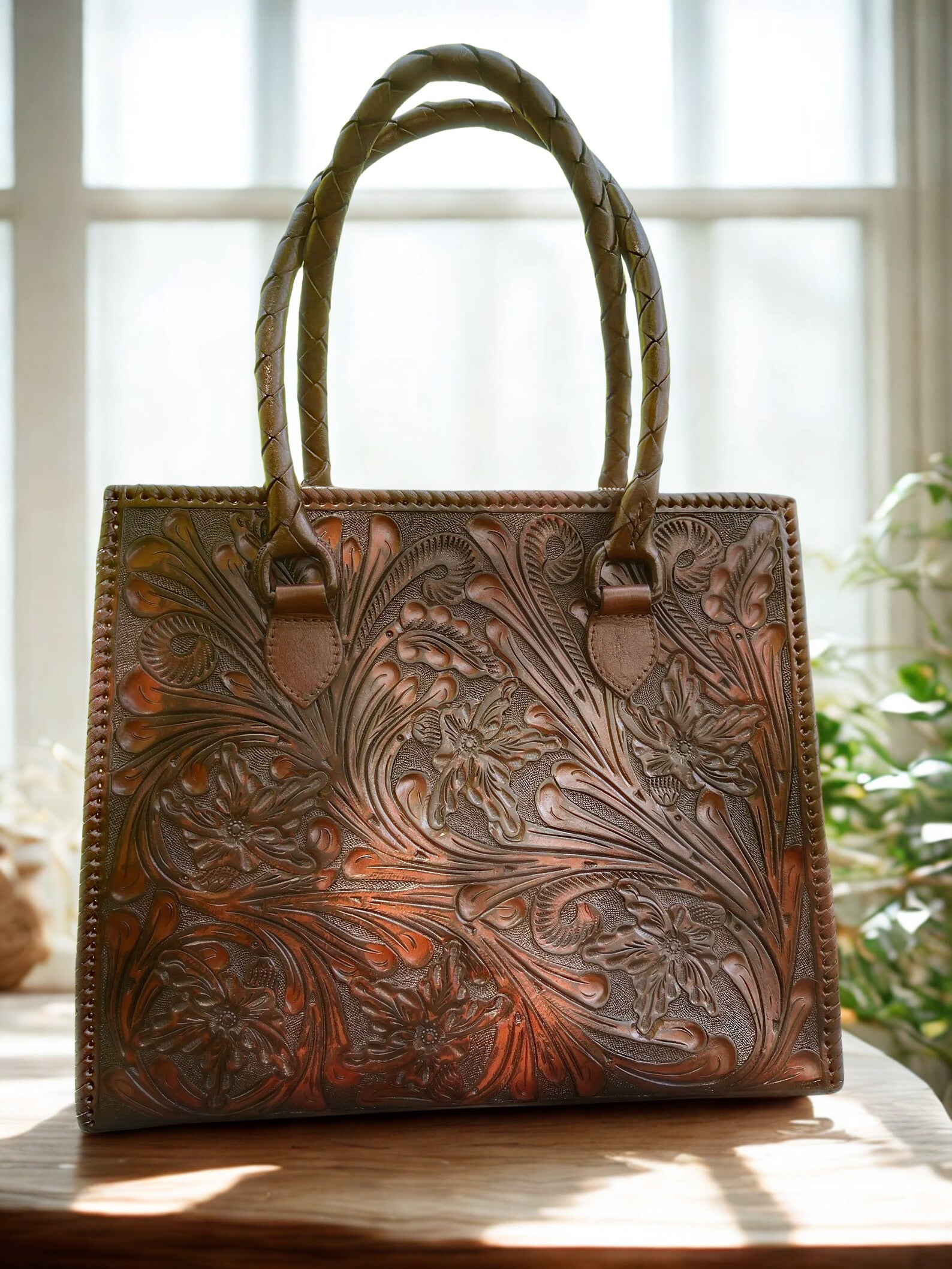 Hand-Tooled Leather Tote Bag – Western Floral Purse, Barcelona Leather Tote, Artisan Handmade Large Shoulder Bag, Boho Cowgirl Rodeo Handbag